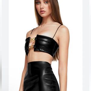 Nookie Drama Crop Top Black Strapless Gold Accents faux leather NWT L